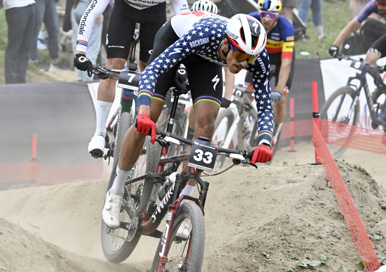 Christopher Blevins, of the United States, races in the mountain bike cross-country short track event at the UCI World Cup, Friday, Oct. 6, 2023