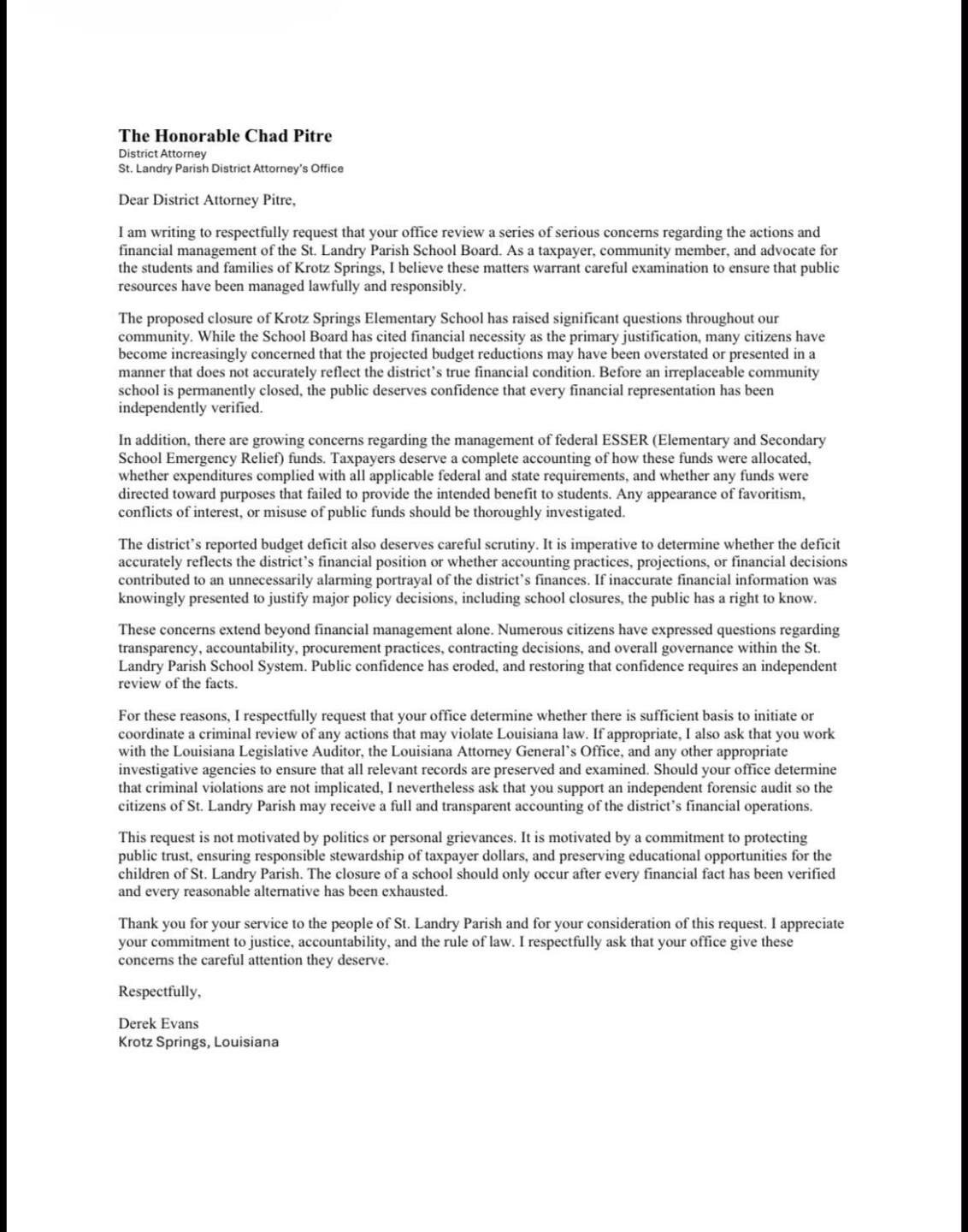 Letter to the St. Landry Parish District Attorney's Office