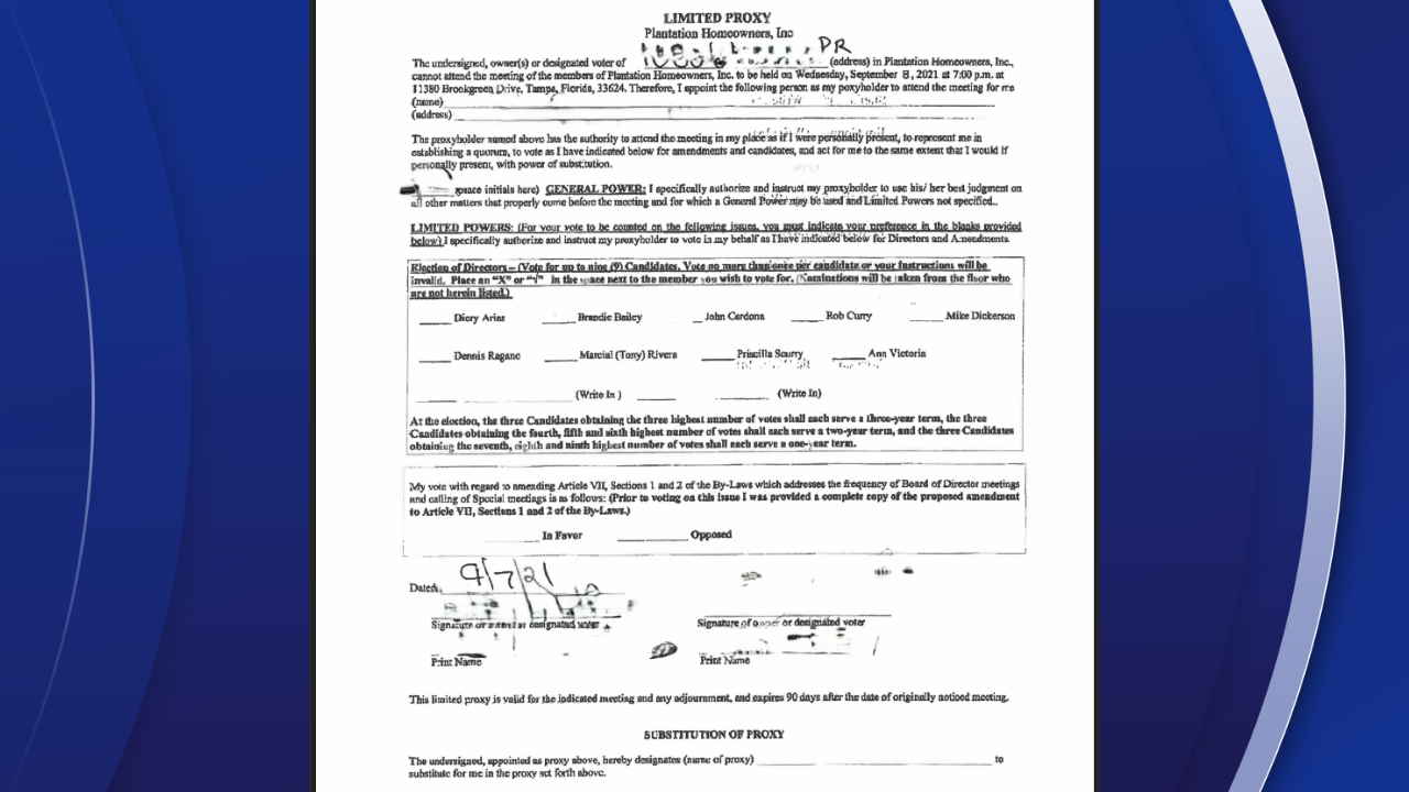 Proxy which was the focus of a lawsuit involving the 2021 HOA election in which a homeowner allegedly submitted a proxy vote on behalf of a homeowner who died years earlier.