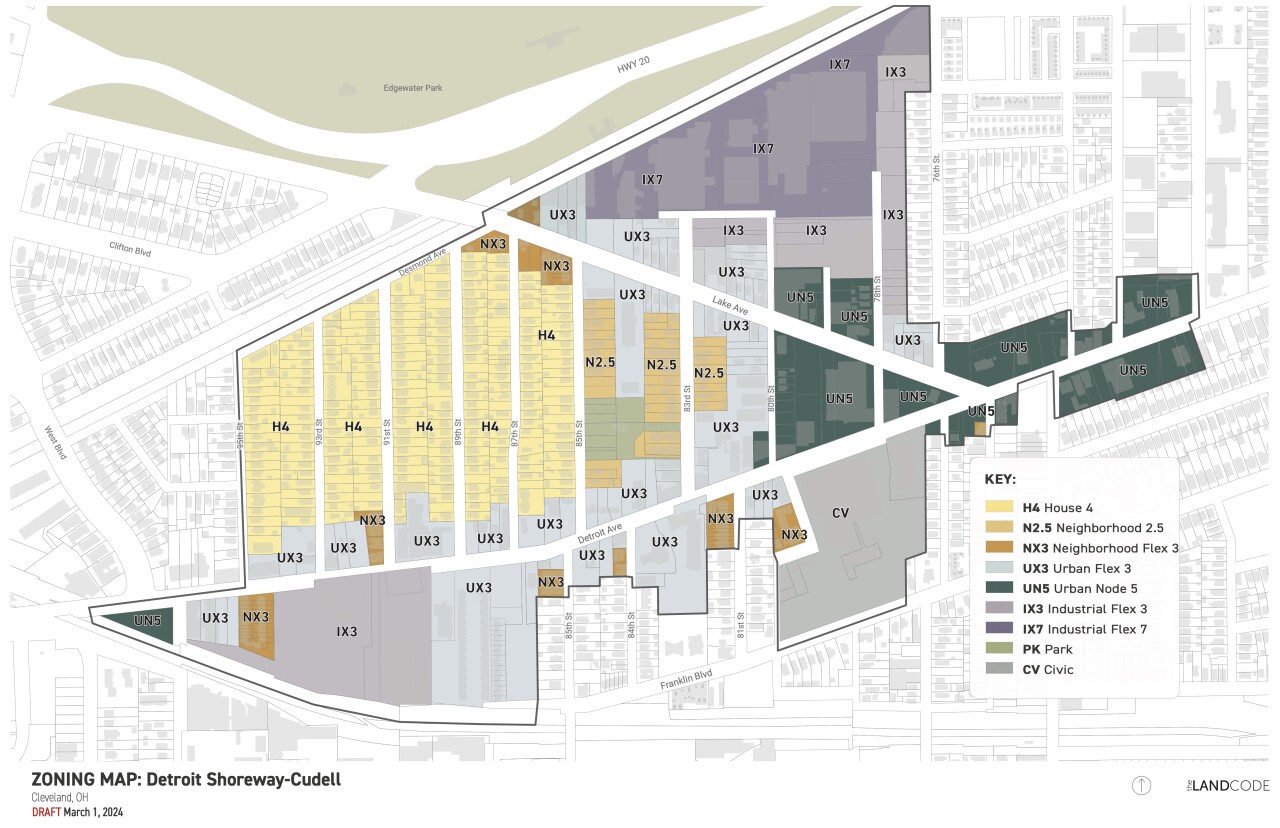 A map shows the form-based code pilot area in the Detroit Shoreway and Cudell neighborhoods.