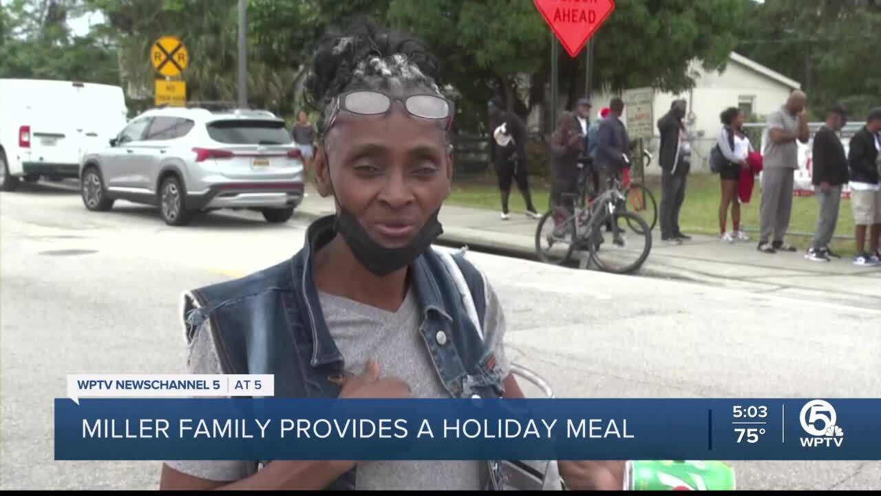 Betty Lester was thankful of the free meal by the Miller family outside their home in West Palm Beach. Dec. 25, 2023