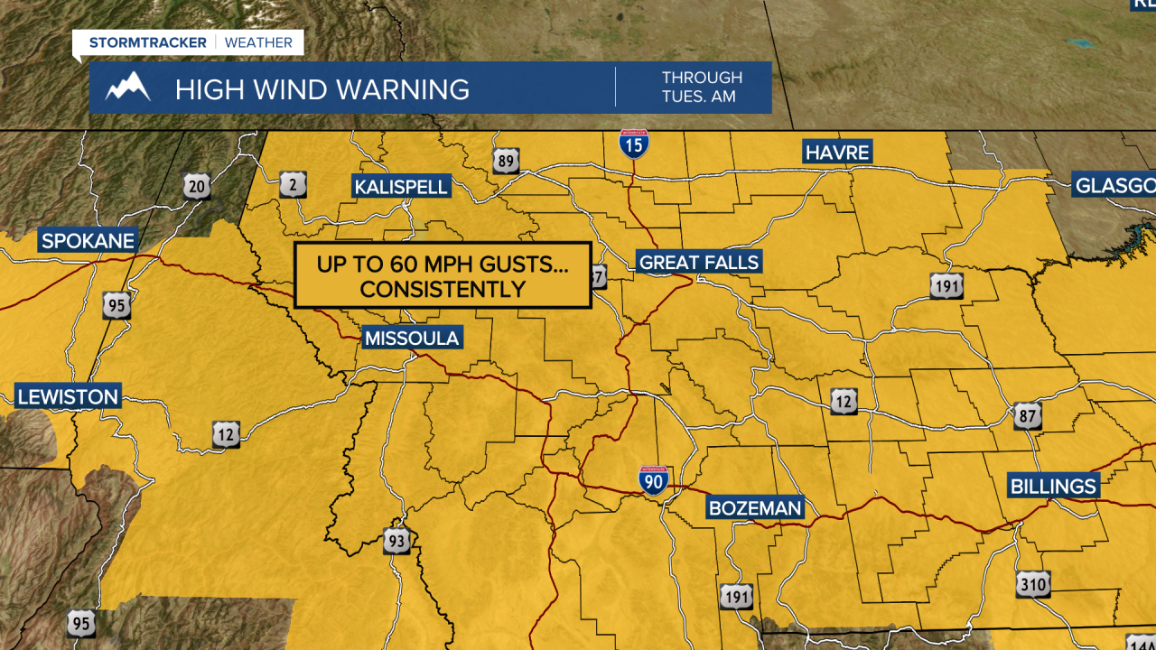 High Wind Warnings in effect through Tuesday morning