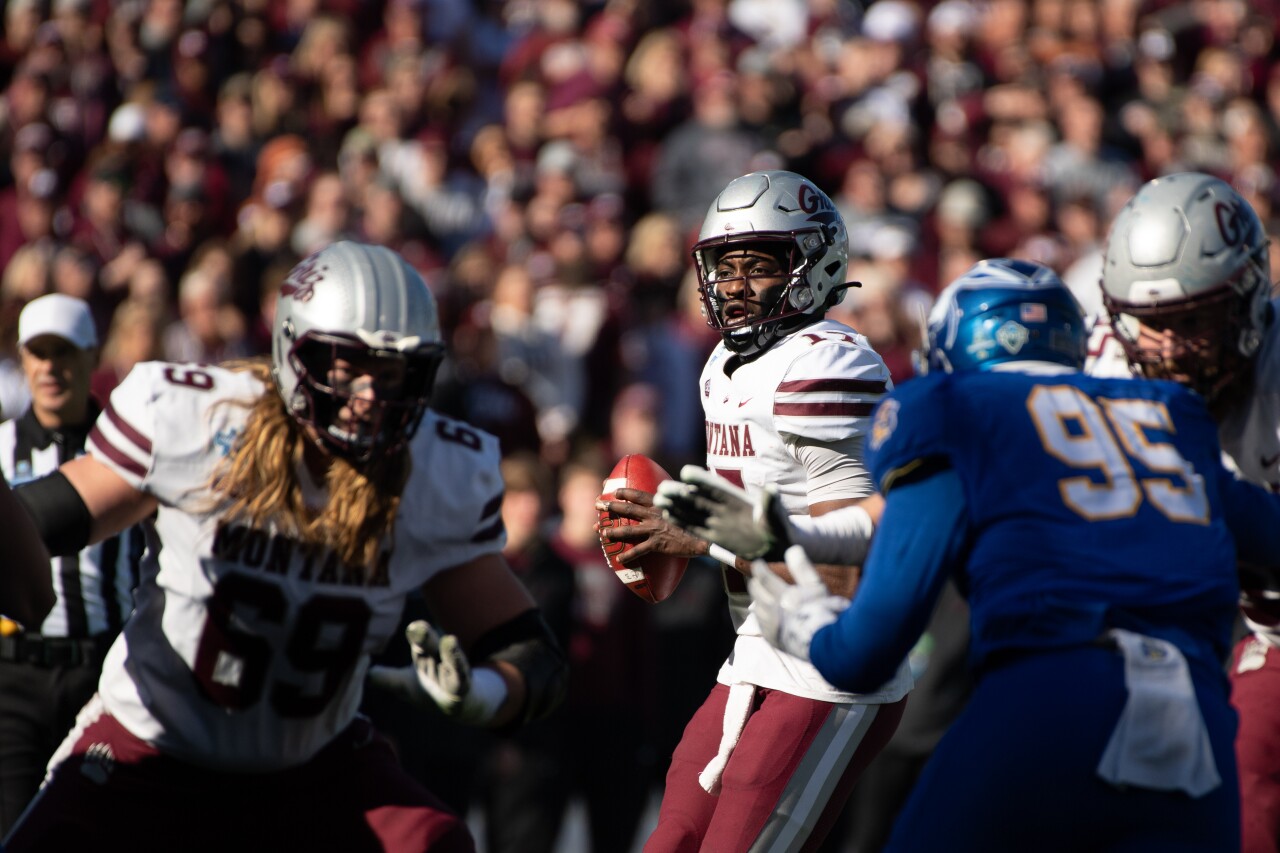 University of Montana senior Clifton McDowell (17) throws a pass during the FCS national championship game at Toyota Stadium in Frisco, Texas on January 7, 2024.