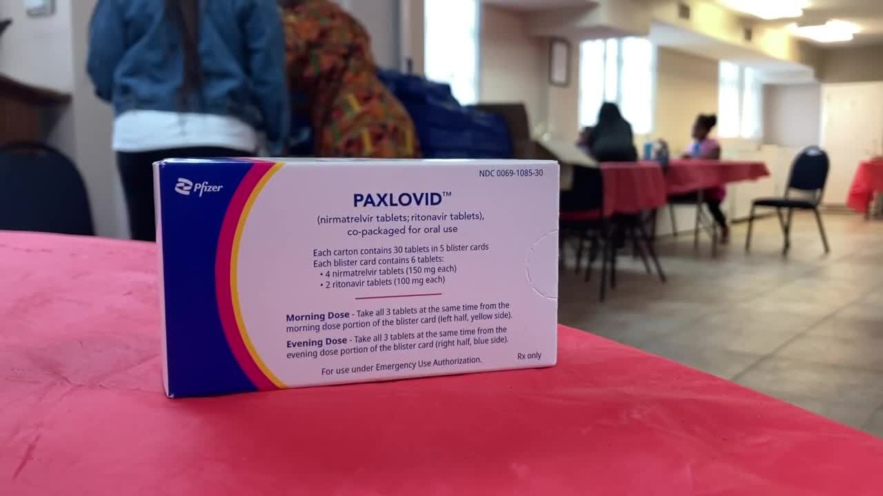 Paxlovid box on table at New Bethel Missionary Baptist Church, Feb. 18, 2024