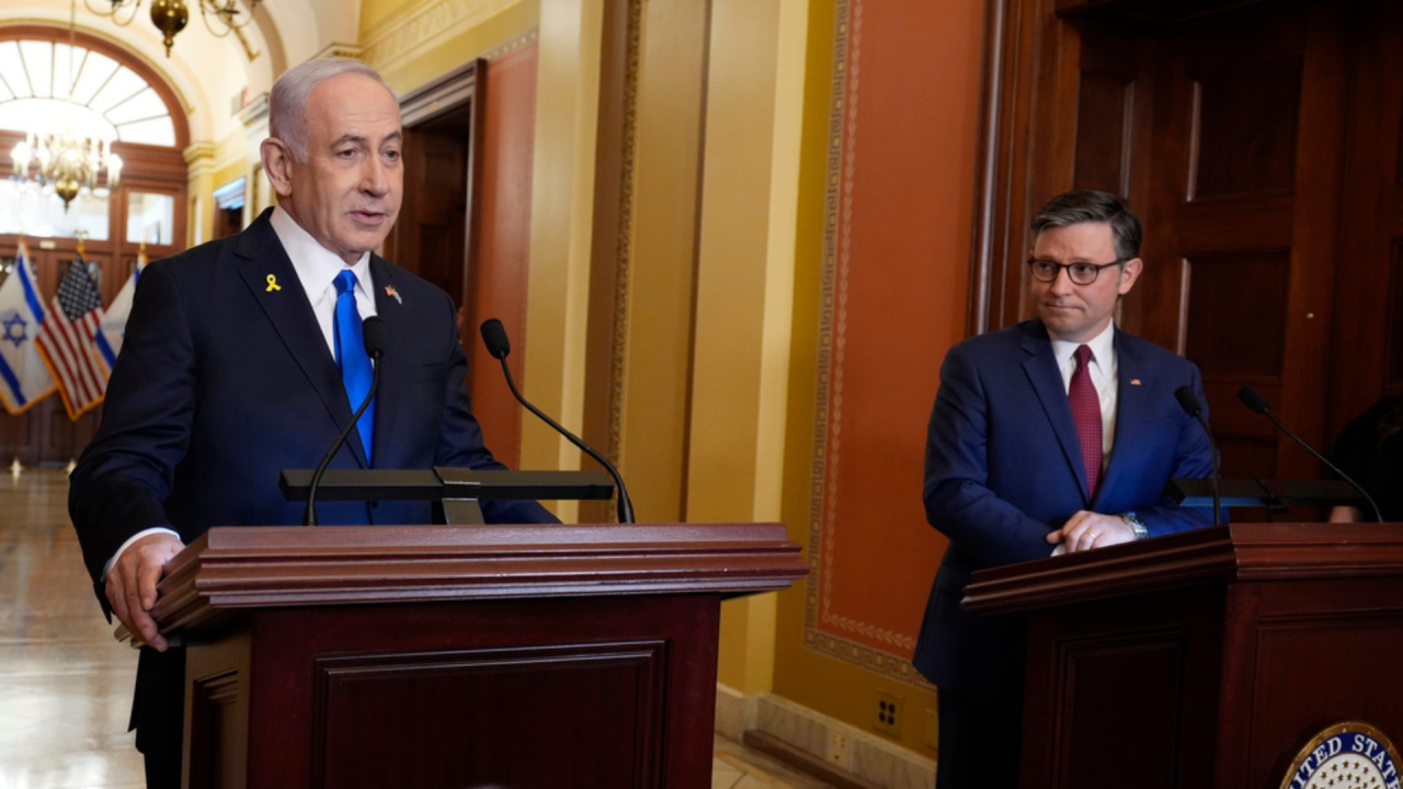Israeli Prime Minister Benjamin Netanyahu is welcomed by Speaker of the House Mike Johnson, to the Capitol in Washington
