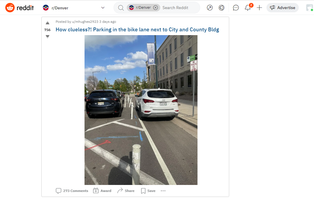 Photo of bike lane violation posted on Reddit
