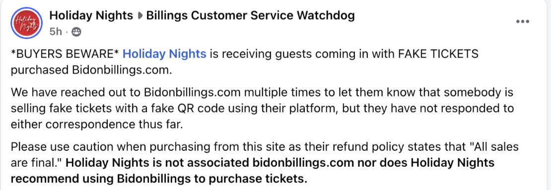 Facebook post from Billings group