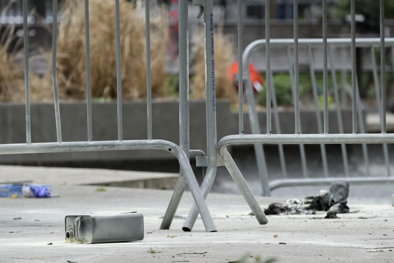 metal can outside where man lit himself on fire in New York, April 19, 2024