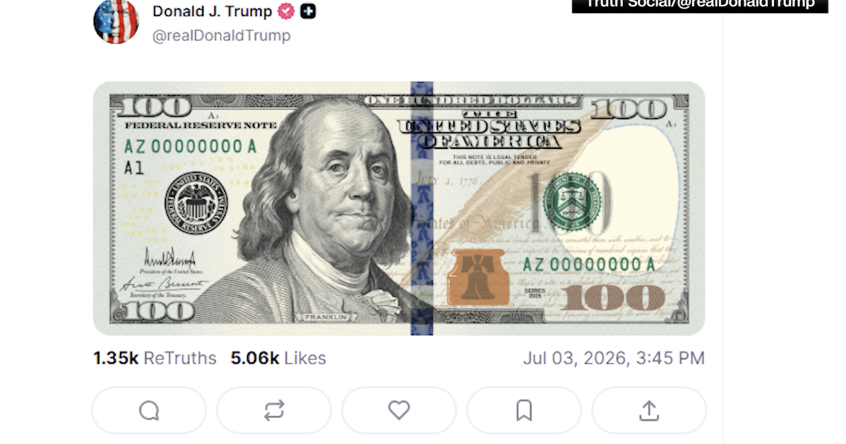 Trump posts new image of $100 bill with his signature