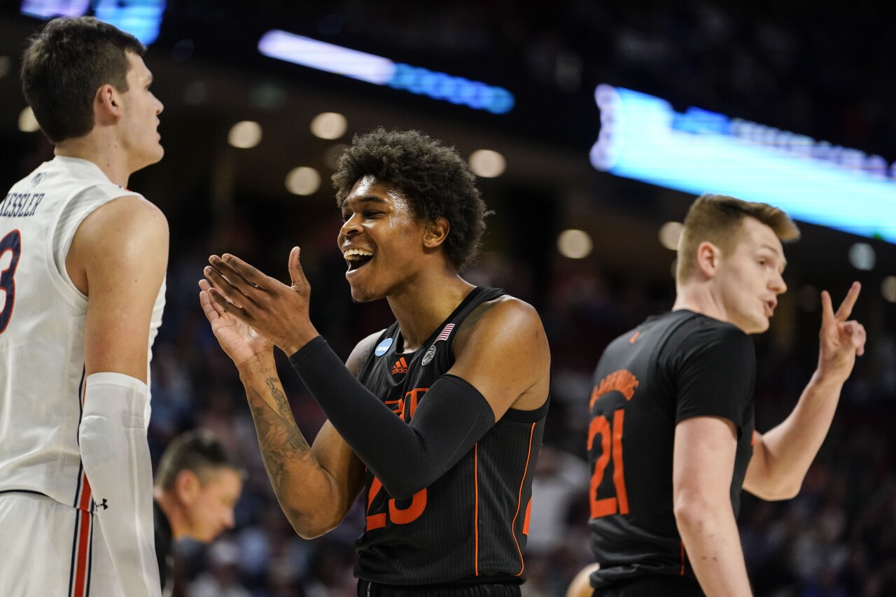 Miami Hurricanes guard Kameron McGusty celebrates vs. Auburn Tigers in second round of NCAA tournament, March 20, 2022