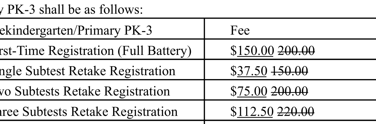 PreKindergarten Primary PK-3 Proposed Fees