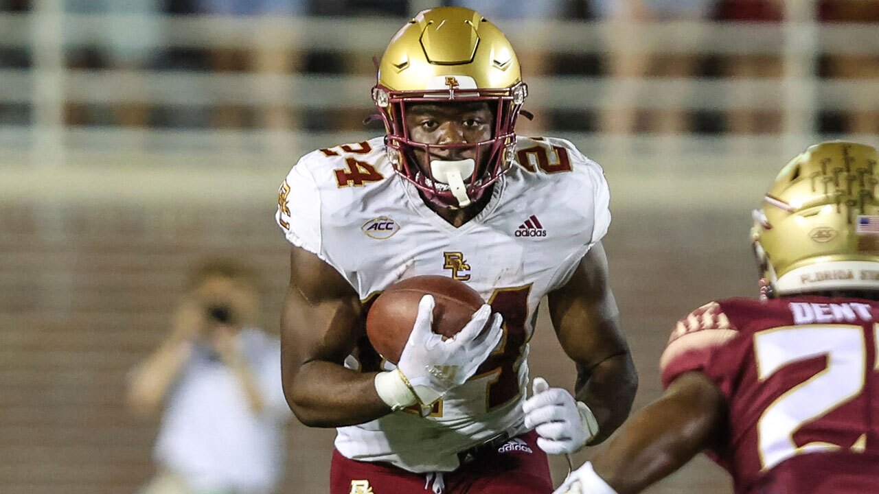 Boston College running back Pat Garwo III (24) runs the ball for a first down during the third quarter of an NCAA college football game against Florida State on Saturday, Sept. 24, 2022, in Tallahassee, Fla.