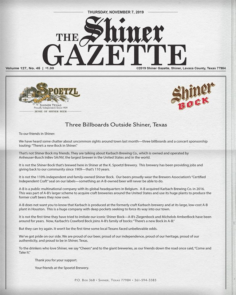 Shiner open letter