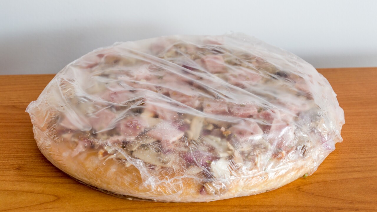Frozen,Pizza,In,Foil,With,Ham,&,Mushroom.