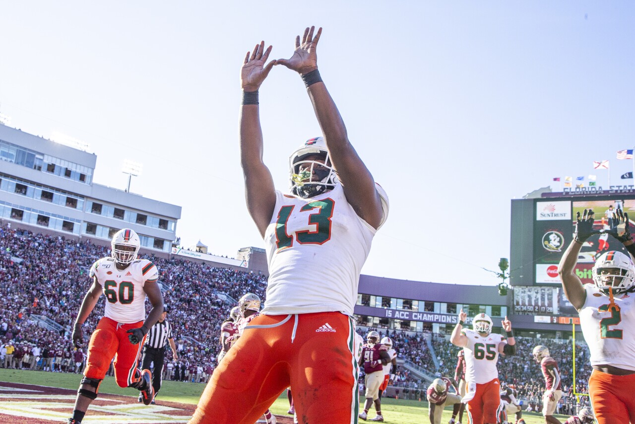 Miami Hurricanes running back DeeJay Dallas celebrates TD at Florida State Seminoles in 2019