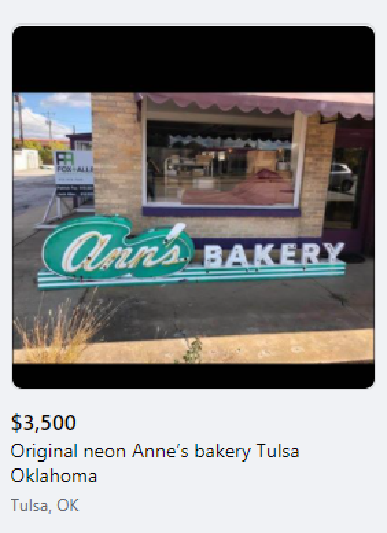 Original Ann's Bakery neon sign for sale on Facebook Marketplace