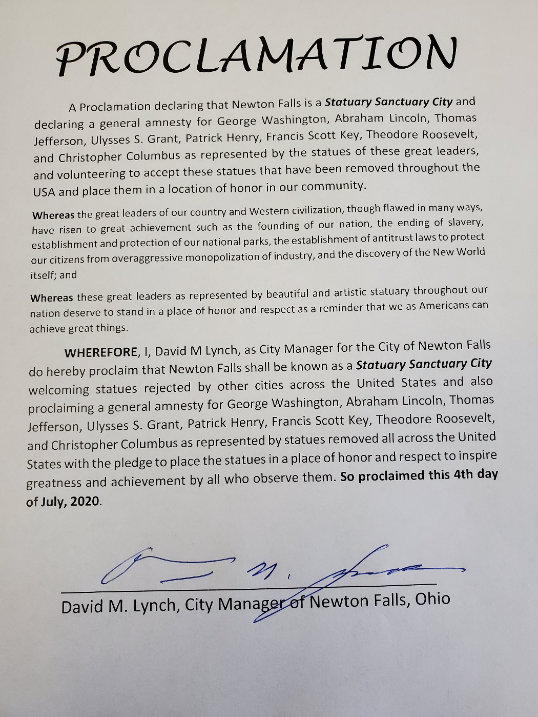 Newton Falls statue proclamation