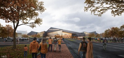 A rendering shows fans walking toward a new Cleveland Browns stadium in Brook Park.