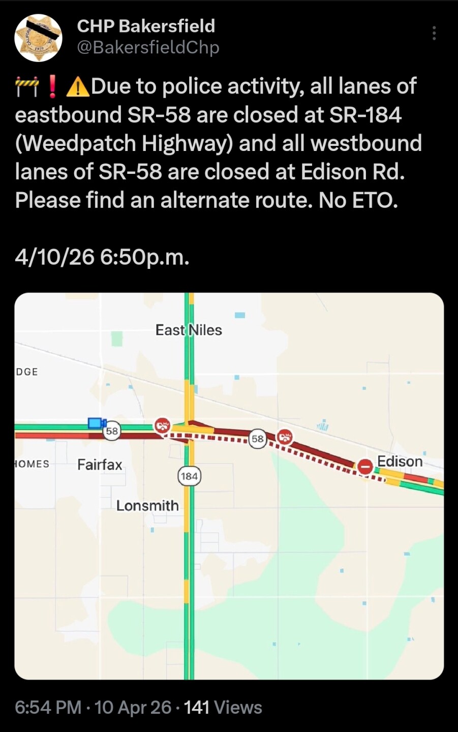 Police activity closes all lanes of Highway 58 in both directions