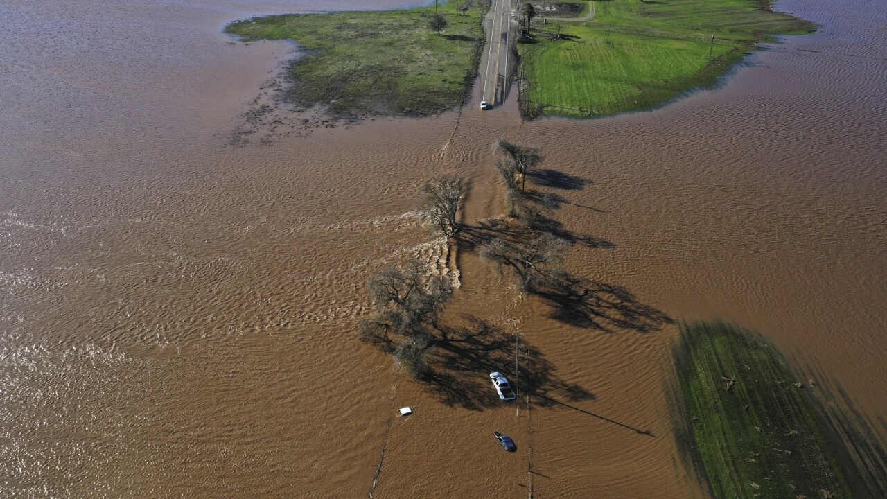 Vehicles stranded on a flooded road.