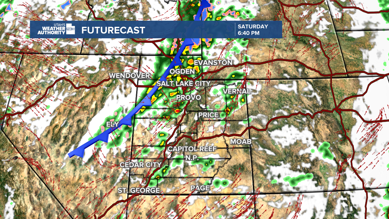 Graphics from the FOX 13 Weather Center showing the predicted path of the storm activity. The storms are expected to move northeast, with much of the activity localized in the northern part of the state, near Salt Lake City, Ogden, and Evanston, Wyoming.