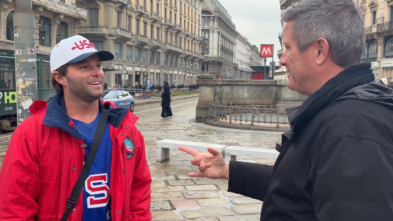 WPTV anchor and Panthers 360 host Mike Trim connects with U.S. hockey fan Hunter Petrakis in Milan, Italy, on Feb. 12, 2026.
