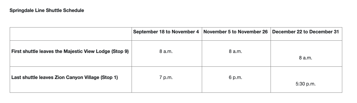 Springdale Line Shuttle Schedule