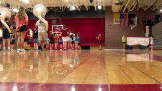 Bishop Neumann's band practices in the gym during their final rehearsal before leaving Wahoo for Washington, D.C.