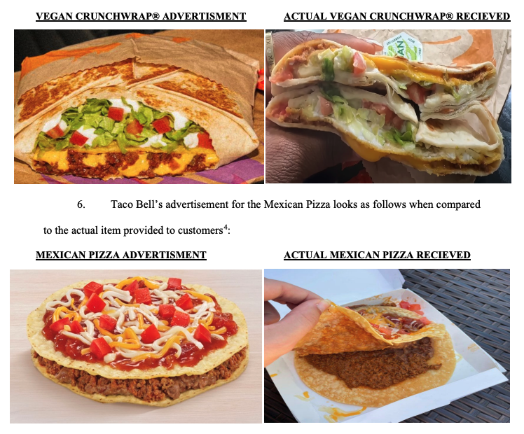 Vegan Crunchwrap and Mexican Pizza Taco Bell lawsuit comparisons