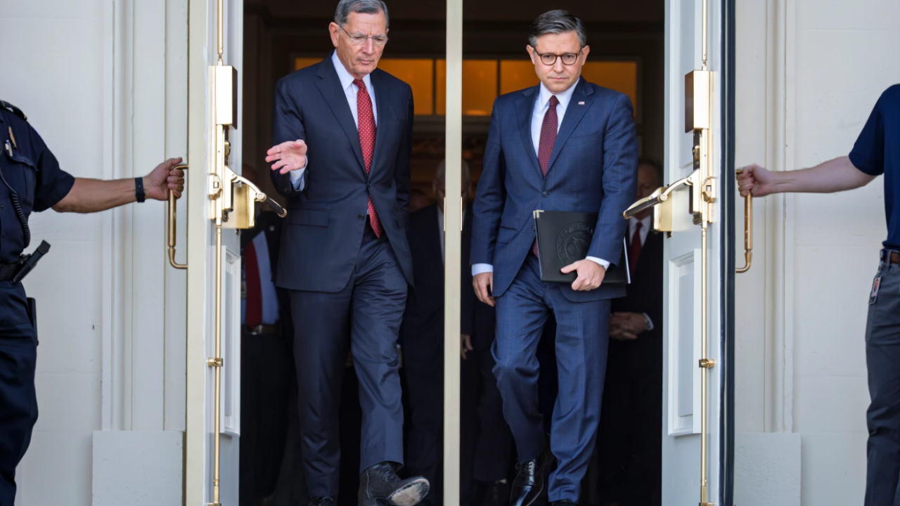Sen. John Barrasso, R-Wyo., the Senate GOP whip, left, and Speaker of the House Mike Johnson, R-La., arrive for a news conference with top Republicans on the government shutdown, at the capitol in Washington, Oct. 1, 2025.