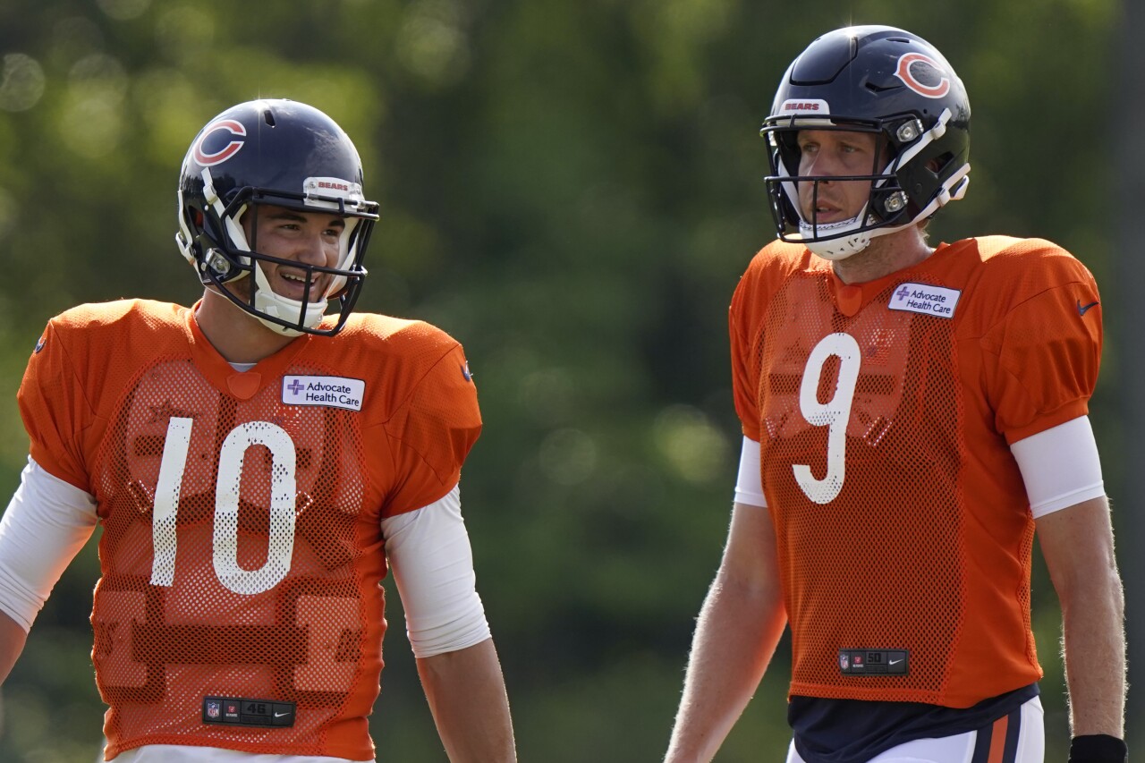 Chicago Bears QBs Mitch Trubisky and Nick Foles in training camp, August 2020
