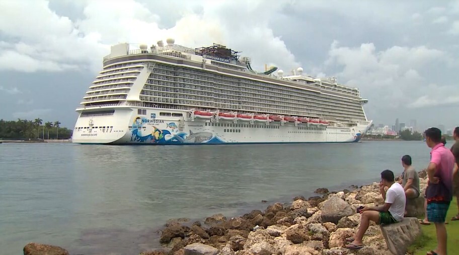 Norwegian Escape moves along PortMiami's North Channel on June 25, 2023.jpg