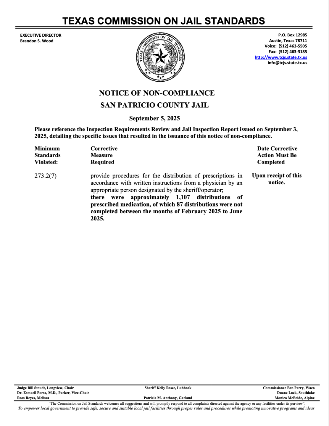 SAN PAT JAIL NON-COMPLIANCE