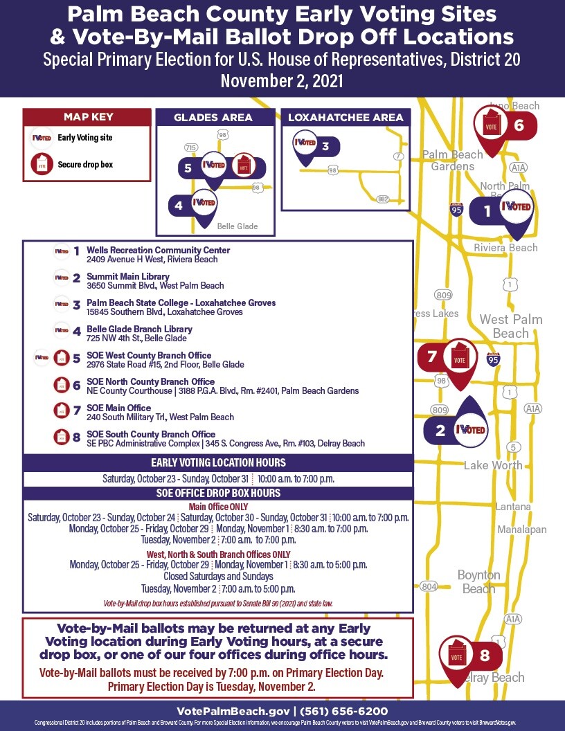 Palm Beach County Early Voting Sites & Vote-By-Mail Ballot Drop Off Locations for 20th Congressional District Special Election