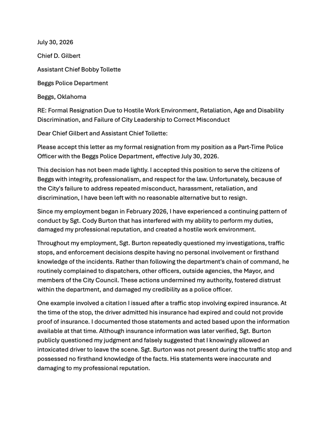 Sappington Resignation Beggs Police