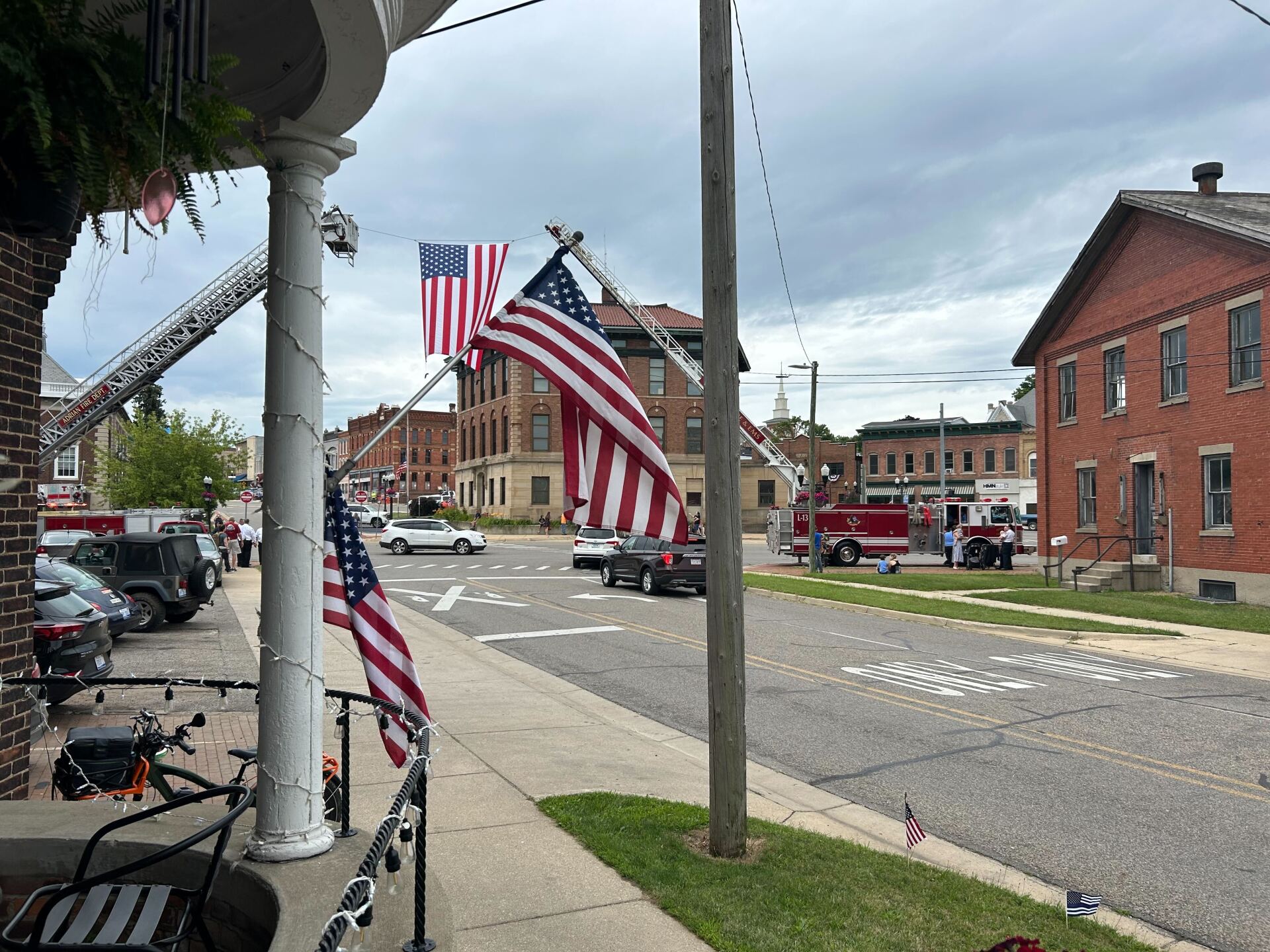 American flags line the streets in Hillsdale