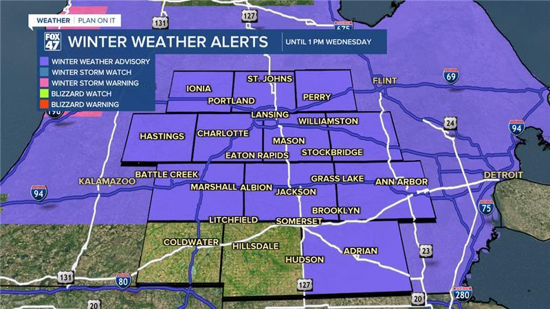 Winter Weather Advisory extended to 1 PM Wednesday