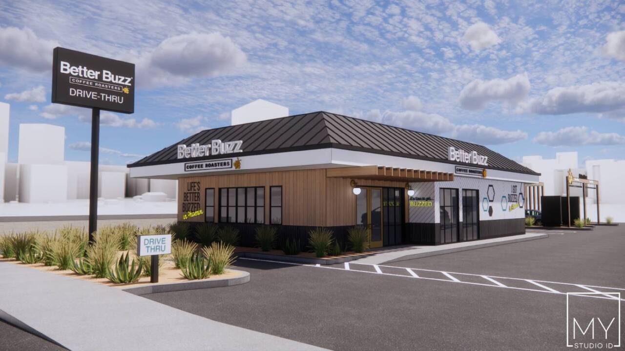 Rendering from the outside of the first Arizona Better Buzz Coffee location; it’ll be in Phoenix.