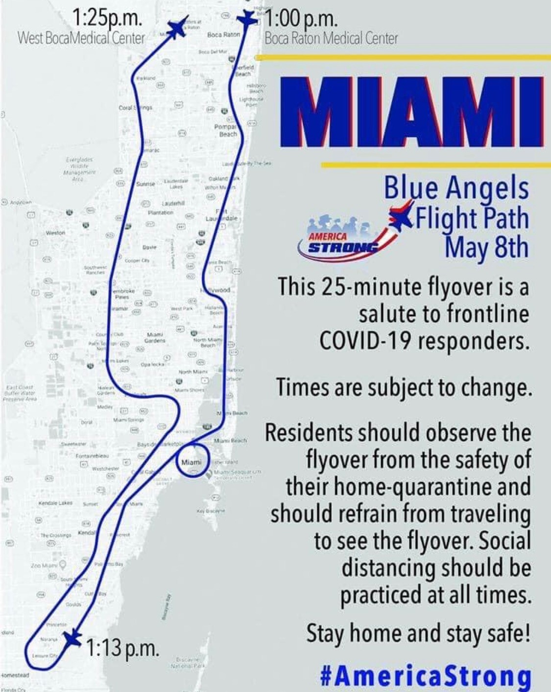 The flight path of the Blue Angels on Friday, May 8 starts and ends at hospitals in southern Palm Beach County.