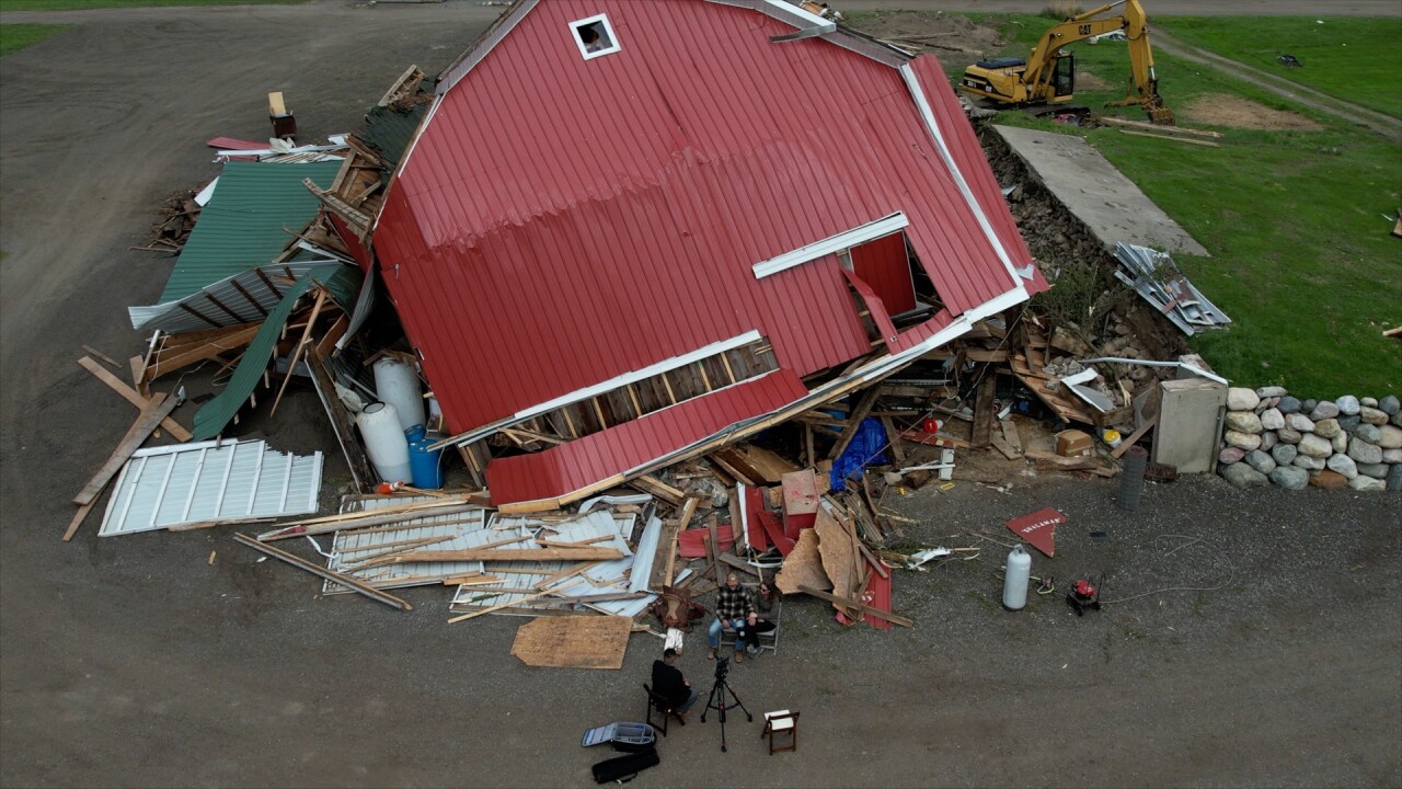 Aerial view of an old barn at Hidden Creek Farms destroyed by an EF-1 tornado on May 15, 2025