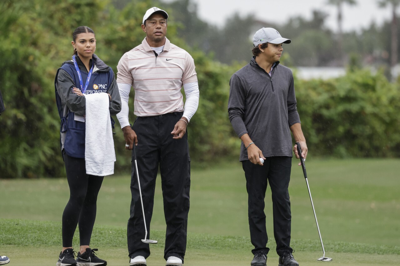 Tiger Woods with son Charlie Woods and daughter Sam at PNC Championship, Dec. 16, 2023