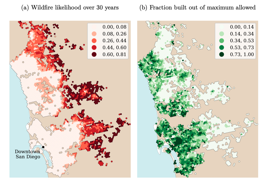 A screenshot of Urban Policy and Spatial Exposure to Environmental Risk by Augusto Ospital, UCLA. Shows where in San Diego fire risk is high compared to the fraction of zoning capacity filled