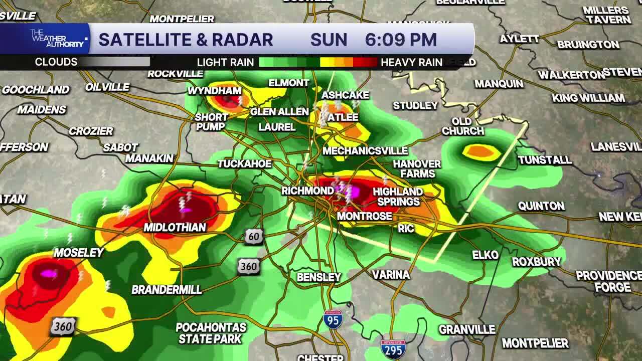 Radar shows storms in Richmond, Virginia, on Sunday, July 5, 2026.