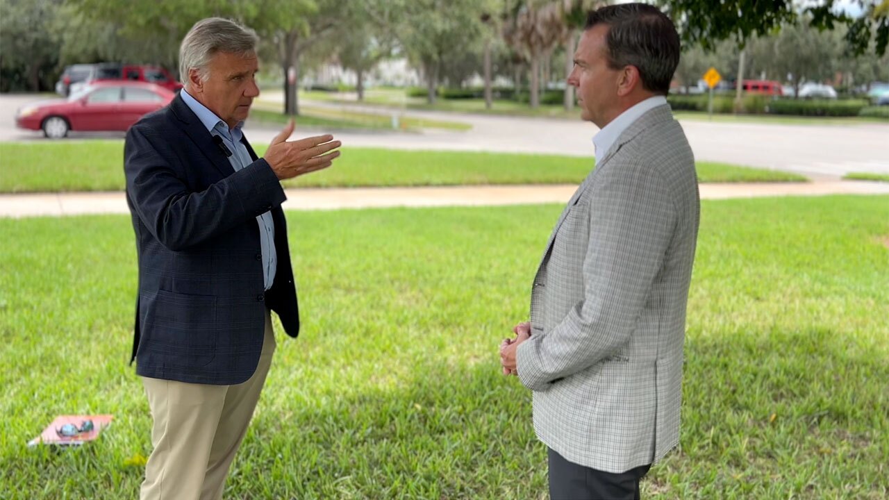 WPTV reporter Matt Sczesny speaks to state Rep. Toby Overdorf on Sept. 10, 2025, regarding property taxes.