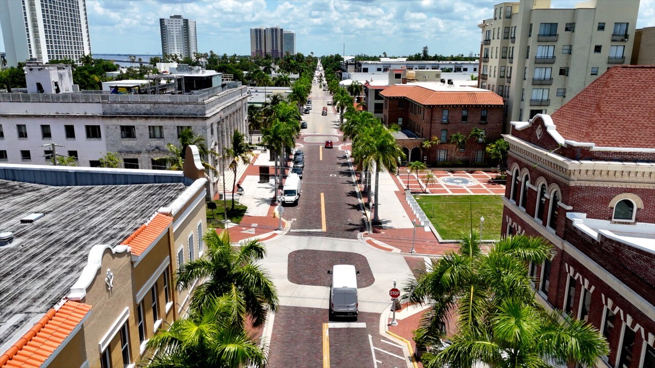 Aerial view of 1st Street in Downtown Fort Myers.