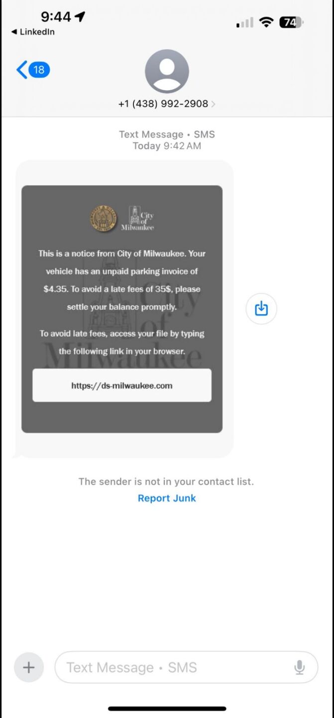 Parking Violation Scam Text