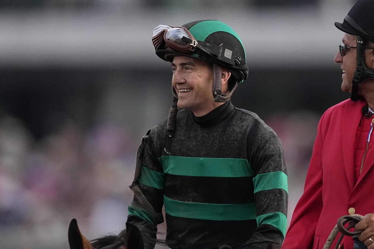 Dan Brian Hernandez Jr., celebrates after riding Mystik Dan to win the 150th running of the Kentucky Derby horse race at Churchill Downs Saturday, May 4, 2024, in Louisville, Ky. (AP Photo/Brynn Anderson)