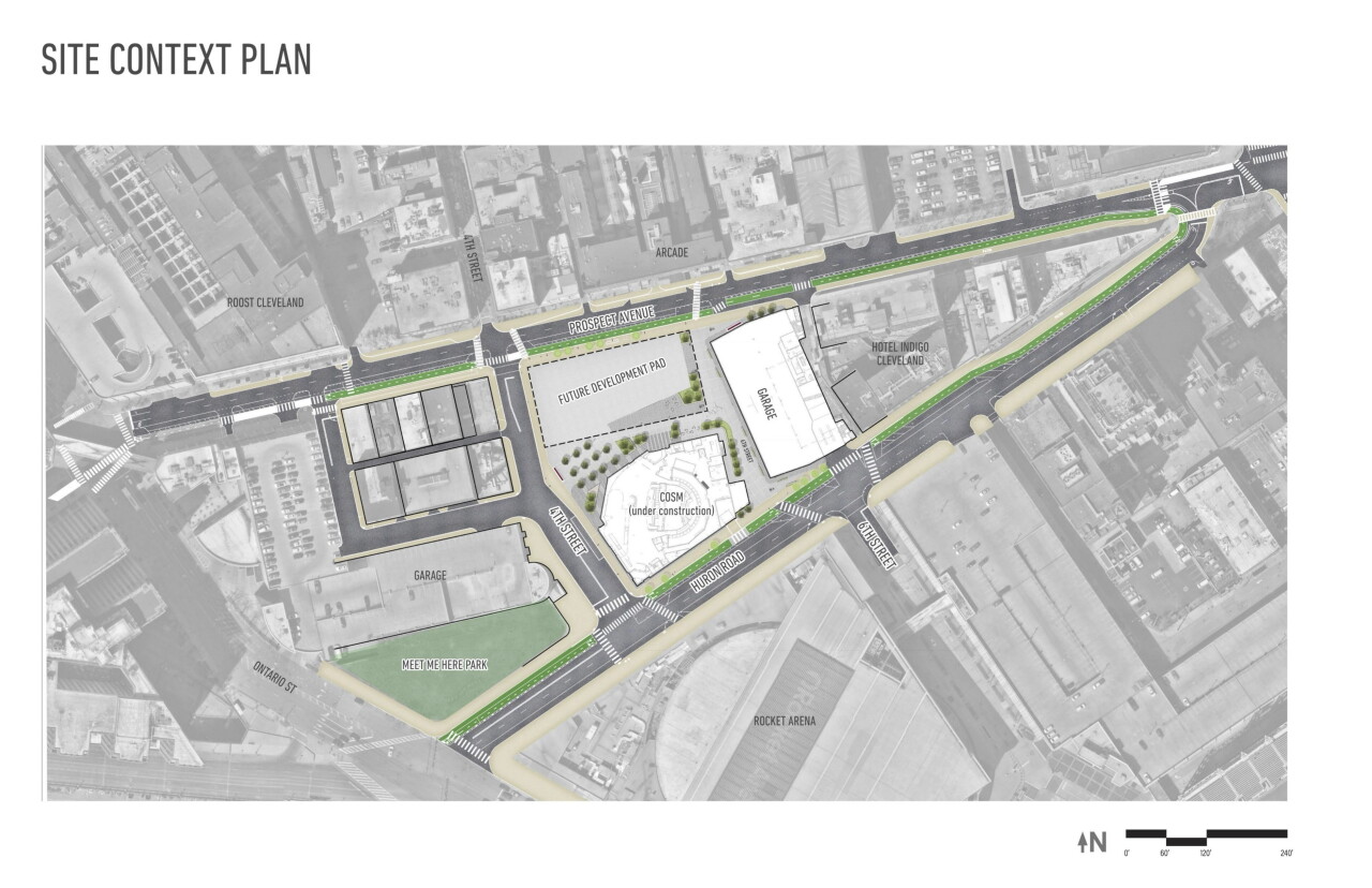 A site plan shows the proposed location of Bedrock's new garage, across from Rocket Arena and Cosm.