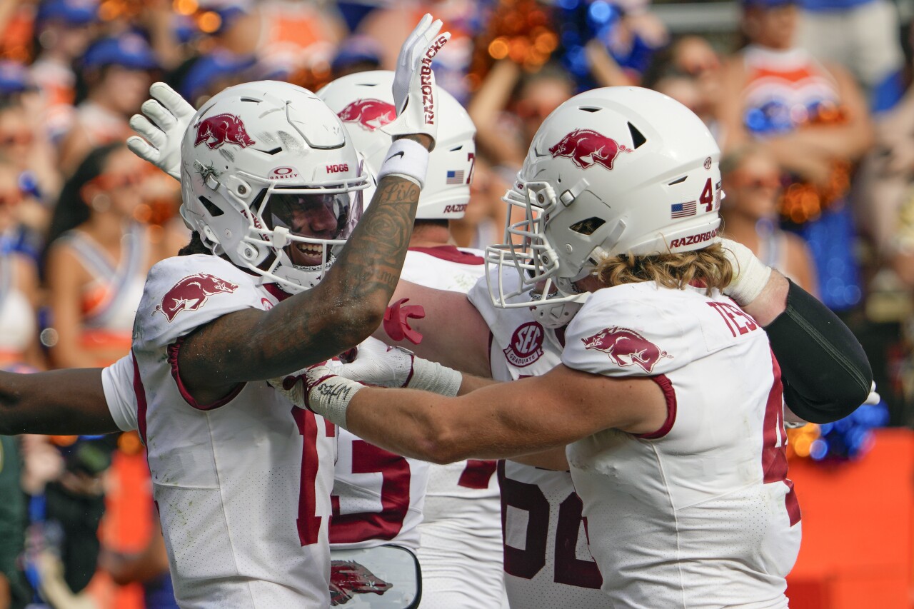 Arkansas Razorbacks receiver Tyrone Broden celebrates game-winning TD in OT at Florida Gators, Nov. 4, 2023