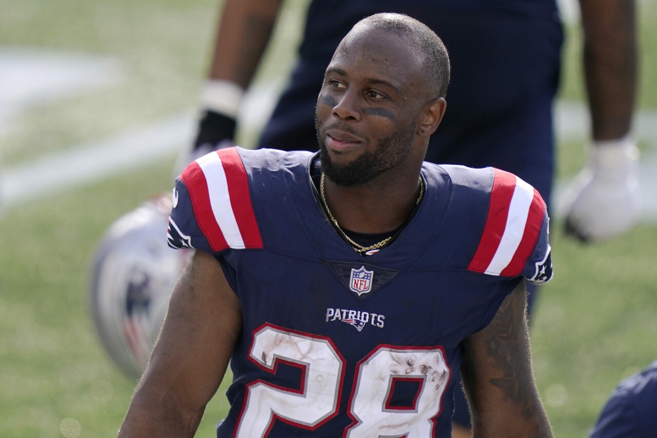 New England Patriots running back James White on sideline, September 2020
